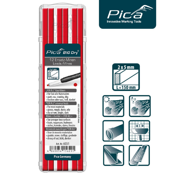 Набор сменных грифелей-стержней (12 шт) для карандаша Pica Big Dry Longlife