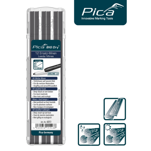 Набор сменных грифелей-стержней (12 шт) для карандаша Pica Big Dry Longlife