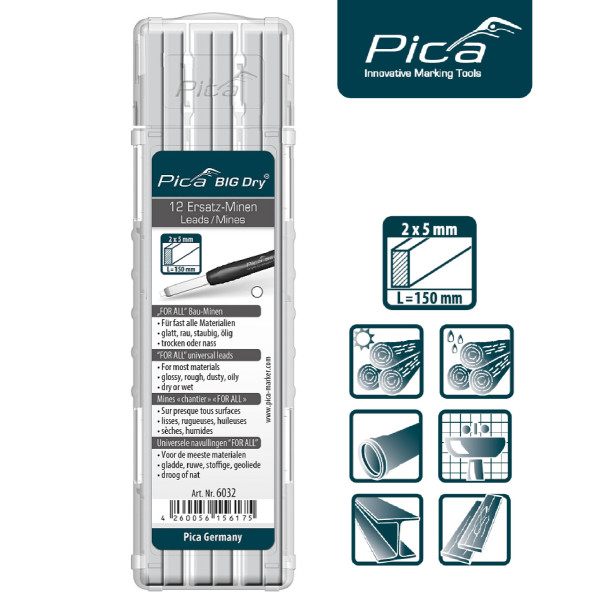 Набор сменных грифелей-стержней (12 шт) для карандаша Pica Big Dry Longlife