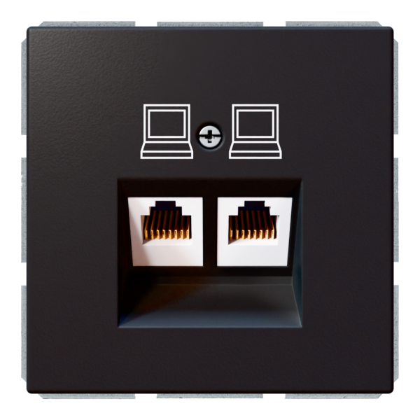 Розетка двойная компьютерная RJ45 cat 5 с накладкой - FD (черный матовый - soft touch), артикул FD6106PBM